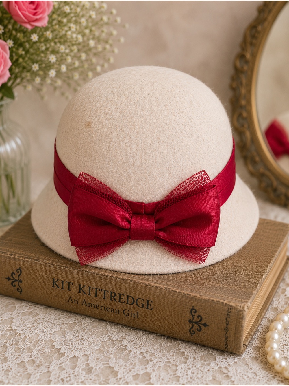 American Girl Doll Hat With Red Bow Kit's Accessories RETIRED Historical Hat